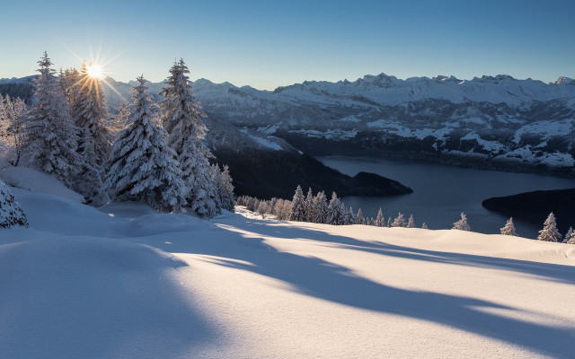 Snow mountain lake trees sun free wallpaper for desktop - medium preview image