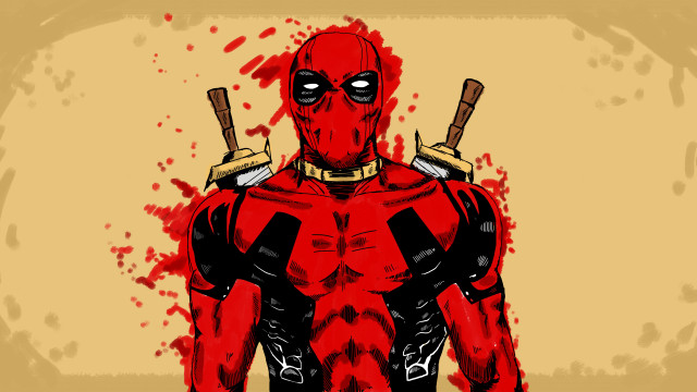 Deadpool swords blood yellow background free wallpaper for desktop - medium preview image