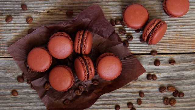 Red macaroons coffee beans wooden free wallpaper for desktop - medium preview image