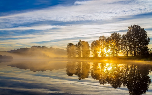 Sunset lake trees fog reflection free wallpaper for desktop - medium preview image