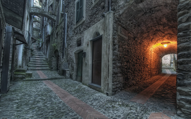 Narrow alley stone building light free wallpaper for desktop - medium preview image