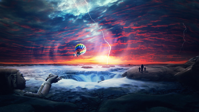 Fantasy man flying kite waterfall free wallpaper for desktop - medium preview image