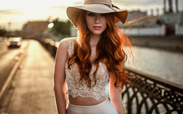 Red haired woman bridge water free wallpaper for desktop - medium preview image