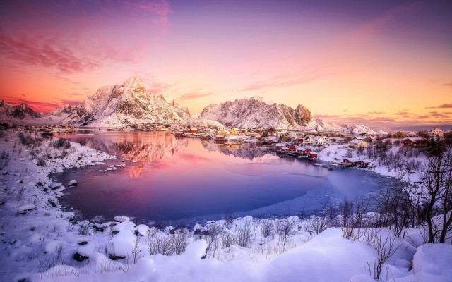 Lake snow mountains town sunset free wallpaper for desktop - medium preview image