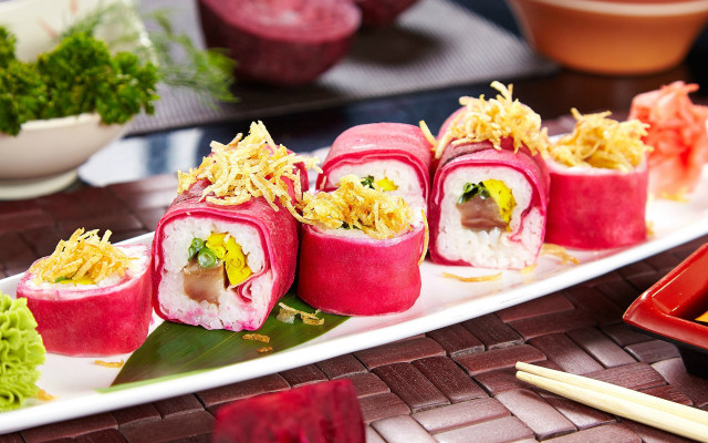 Sushi chopsticks food table blurry free wallpaper for desktop - medium preview image