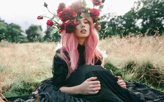 Pink hair flower garden portrait free wallpaper for desktop - medium preview image