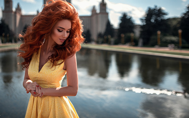 Yellow dress castle pond elina free wallpaper for desktop - medium preview image