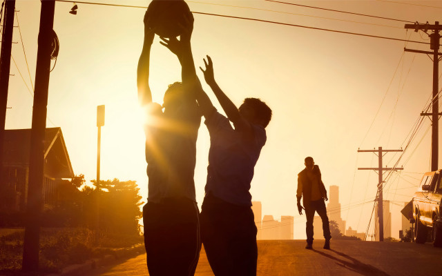 Basketball street sunset silhouette utility free wallpaper for desktop - medium preview image