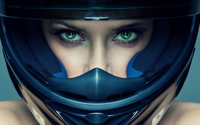 Woman green eyes motorcycle helmet free wallpaper for desktop - medium preview image