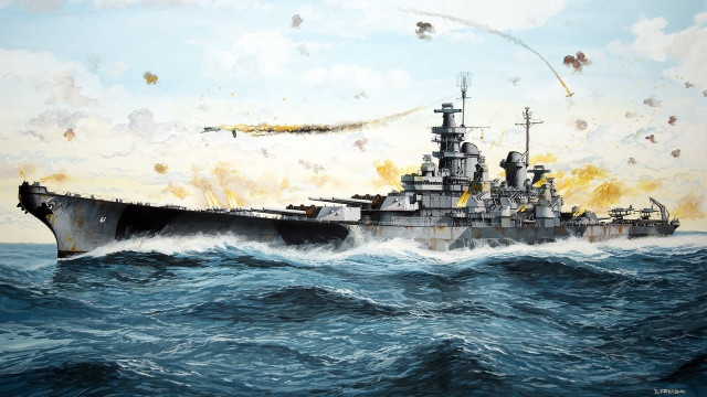 Battleship ocean plane flying overhead free wallpaper for desktop - medium preview image