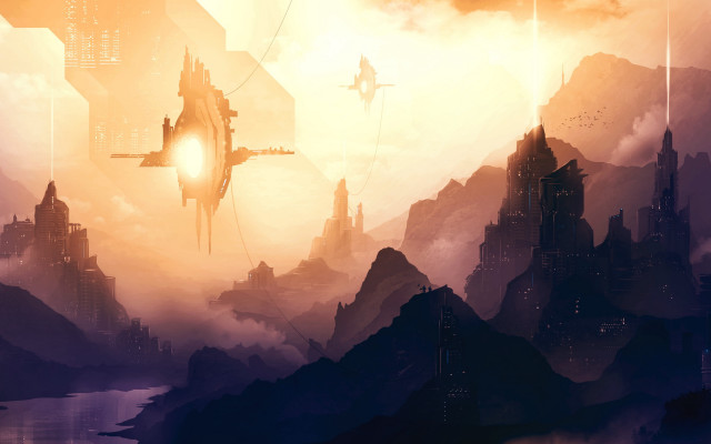 Futuristic city giant spaceship mountain free wallpaper for desktop - medium preview image