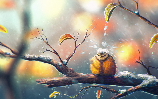 Bird rain leaves branch blurry free wallpaper for desktop - medium preview image