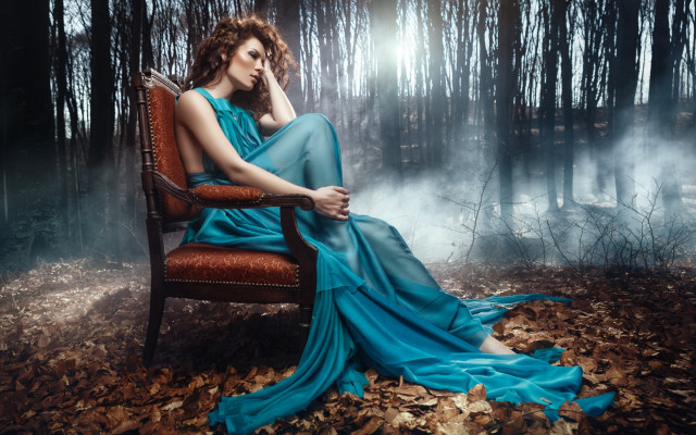 Woman blue dress forest fog free wallpaper for desktop - medium preview image