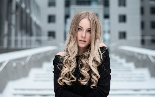 Blonde woman building stairs snow free wallpaper for desktop - medium preview image