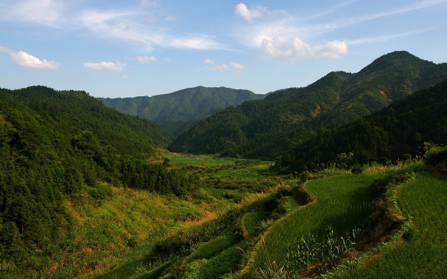 Valley green field mountains clouds free wallpaper for desktop - medium preview image