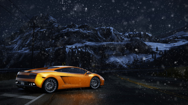 Yellow sports car snow night free wallpaper for desktop - medium preview image