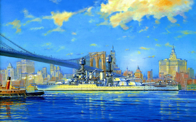 City bridge water boat painting free wallpaper for desktop - medium preview image
