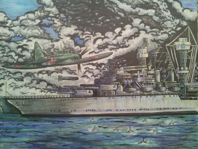 Battleship plane flying sky painting free wallpaper for desktop - medium preview image