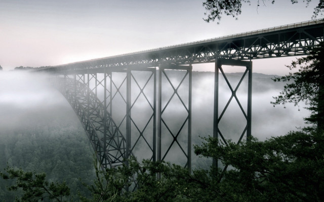 Bridge fog trees clouds nature free wallpaper for desktop - medium preview image