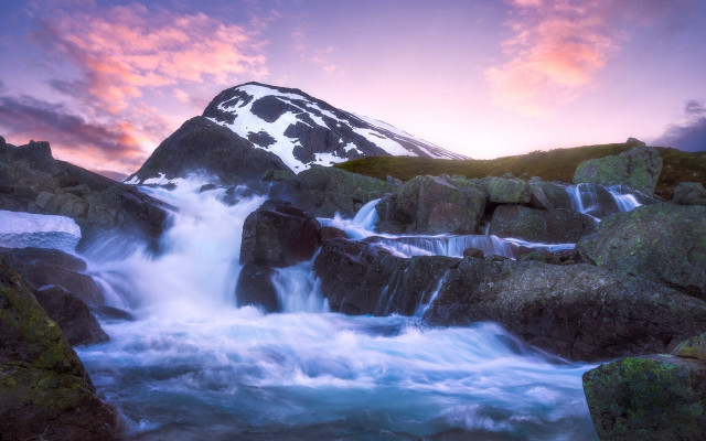 Mountain waterfall sunset pink sky free wallpaper for desktop - medium preview image