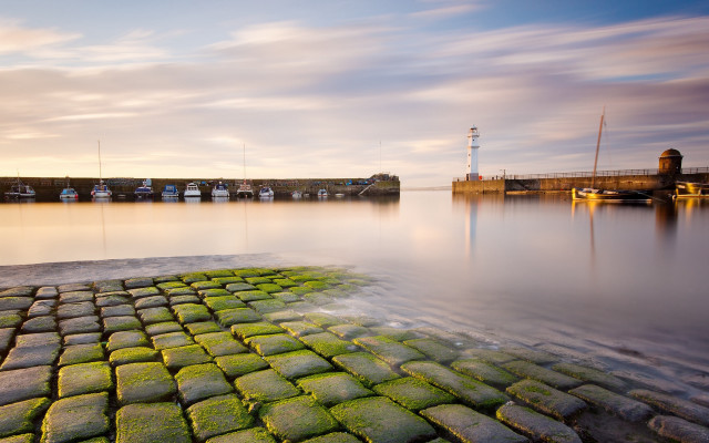 Stone walkway dock lighthouse sunset free wallpaper for desktop - medium preview image