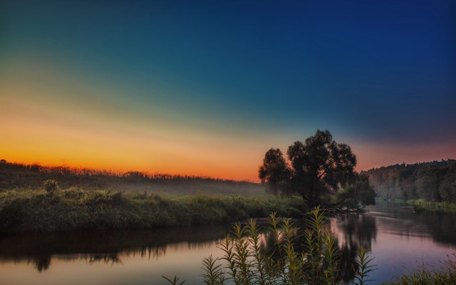 River sunset trees horizon mystical free wallpaper for desktop - medium preview image