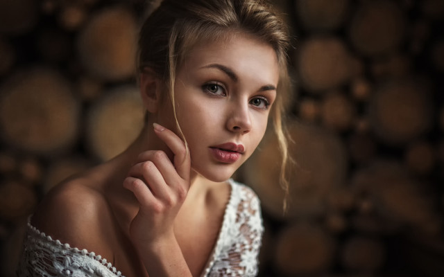 Woman white dress wood background free wallpaper for desktop - medium preview image