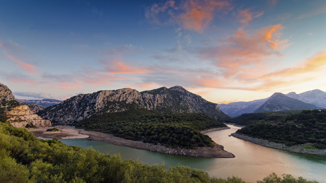 River forest hills mountains sunset free wallpaper for desktop - medium preview image