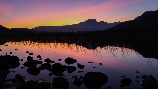 Lake rocks water sunset mountains free wallpaper for desktop - medium preview image