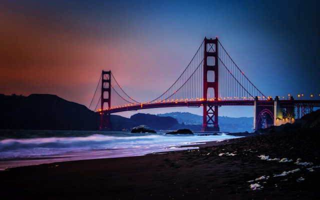 Bridge water night red light free wallpaper for desktop - medium preview image