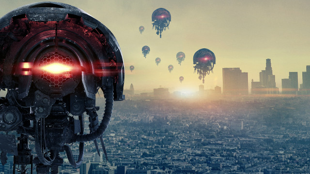 Futuristic city hotairballoons redlight bio free wallpaper for desktop - medium preview image