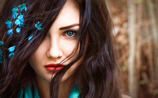 Woman blueflowers blueeyes scarf photorealistic free wallpaper for desktop - medium preview image