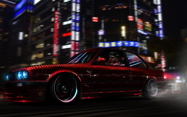 Red car city street night free wallpaper for desktop - medium preview image