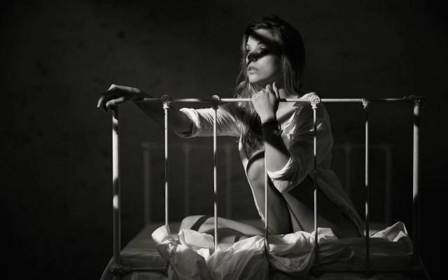 Woman sitting bed cage black free wallpaper for desktop - medium preview image