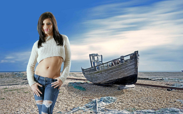 Woman beach boat sky city free wallpaper for desktop - medium preview image