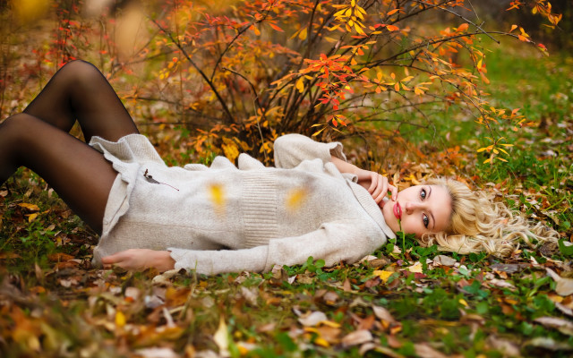Woman leaves grass autumn blonde free wallpaper for desktop - medium preview image