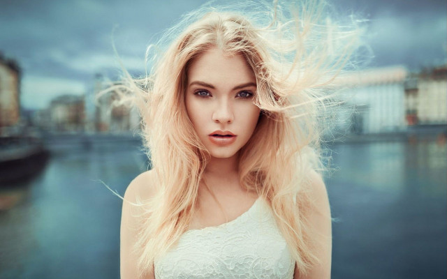 Blonde woman water boat photorealistic free wallpaper for desktop - medium preview image