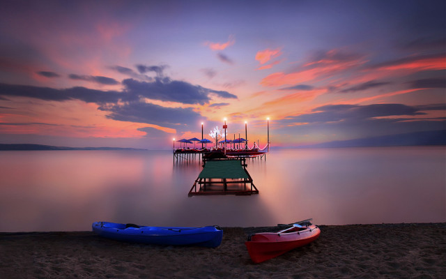 Boats beach pier sunset mystical free wallpaper for desktop - medium preview image