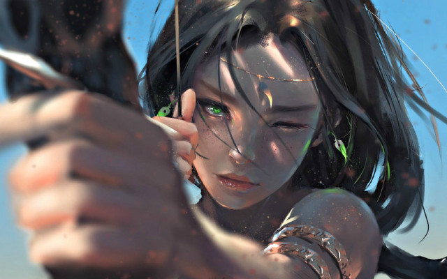 Woman aiming bow green eyes free wallpaper for desktop - medium preview image