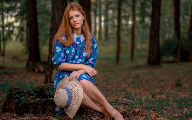 Woman forest blue dress hat free wallpaper for desktop - medium preview image