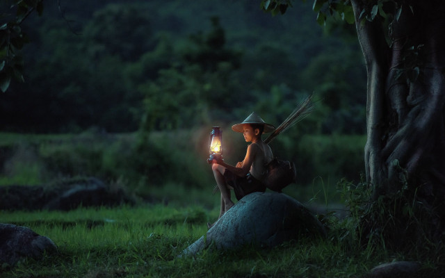 Woman forest lantern sitting blonde free wallpaper for desktop - medium preview image