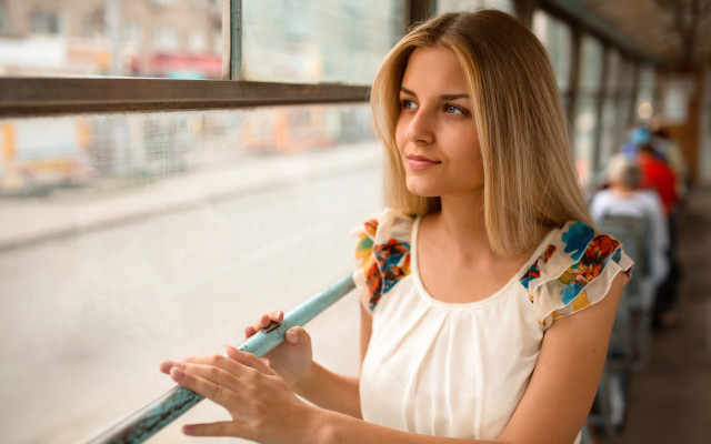 Woman umbrella window blurry photorealistic free wallpaper for desktop - medium preview image