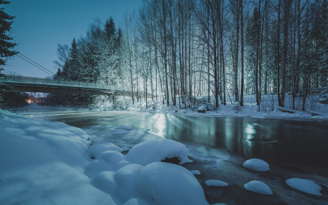 Snowy forest river bridge night free wallpaper for desktop - medium preview image