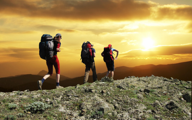 Mountain hiking sunset backsacks outdoors free wallpaper for desktop - medium preview image