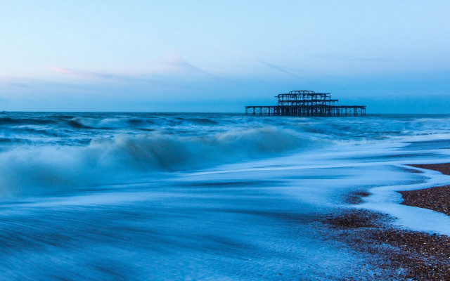 Pier waves beach blue sky free wallpaper for desktop - medium preview image