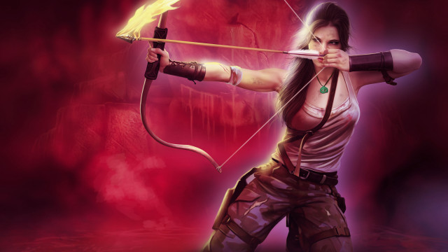 Woman archer red background fantasy free wallpaper for desktop - medium preview image