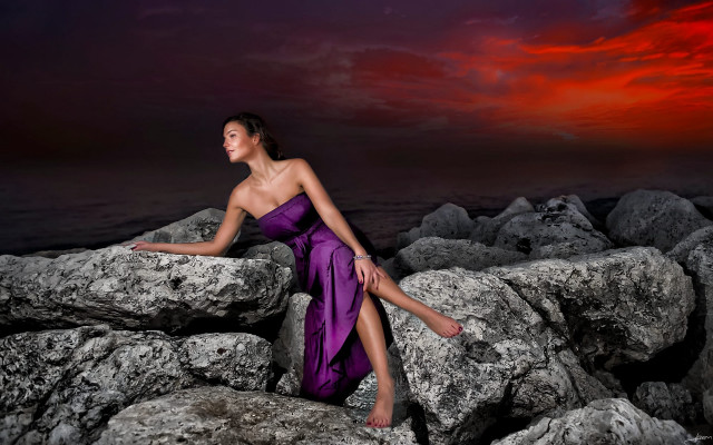 Purple dress sunset rocks ocean free wallpaper for desktop - medium preview image
