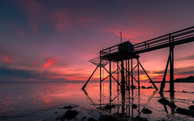 Pier boat sunset pink clouds free wallpaper for desktop - medium preview image