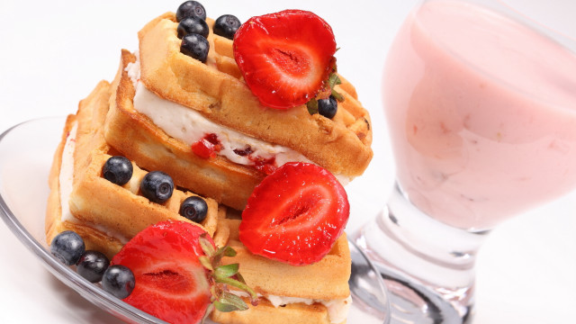 Waffle stack strawberries blueberries milk free wallpaper for desktop - medium preview image