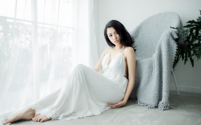 Woman white dress chair window free wallpaper for desktop - medium preview image